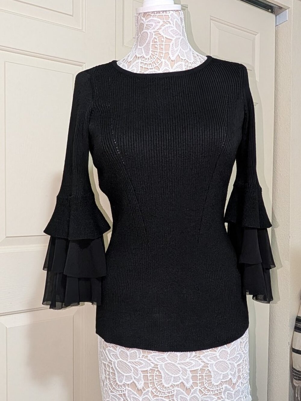 Design History Black Ribbed Knit Tiered Chiffon Bell Sleeve Sweater Medium